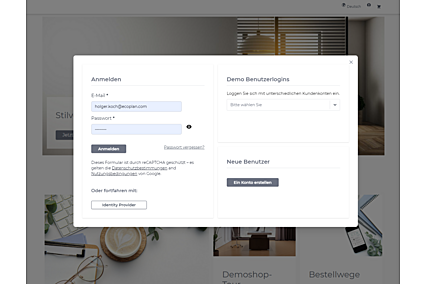 Anmeldebereich im avanta Webshop mit SSO-Button