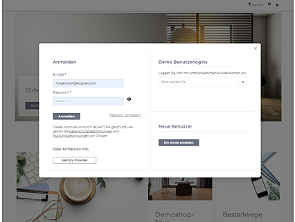 Anmeldebereich im avanta Webshop mit SSO-Button