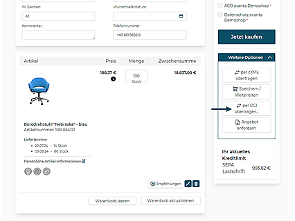 Warenkorb-Übertragung in das ERP-System