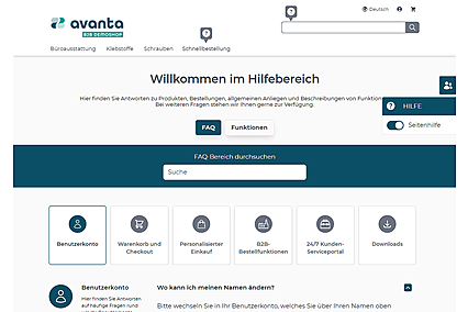 Online-Hilfe im Webshop mit FAQ-Bereich, Funktionsbeschreibung und Seitenhilfe (Tooltips)