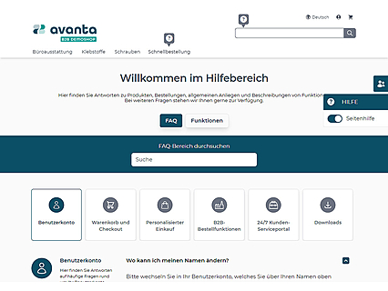 Online-Hilfe im Webshop mit FAQ-Bereich, Funktionsbeschreibung und Seitenhilfe (Tooltips)