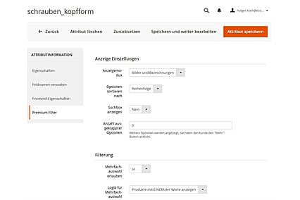 Konfiguration Premiumfilter avanta B2B E-Commerce Lösung