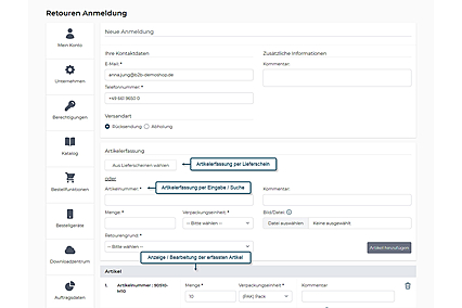 Retouren-Anmeldung per Formular im avanta Webshop Benutzerkonto