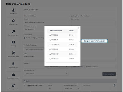 Retouren-Anmeldung mit Artikelauswahl aus Lieferschein
