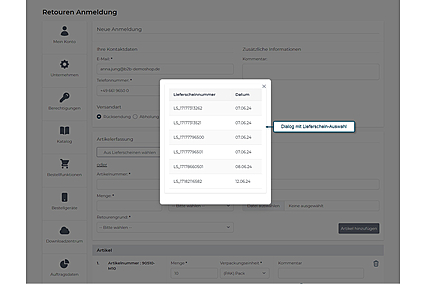 Retouren-Anmeldung mit Artikelauswahl aus Lieferschein