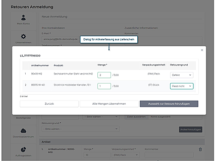 Retouren-Anmeldung mit Artikelauswahl aus Lieferschein