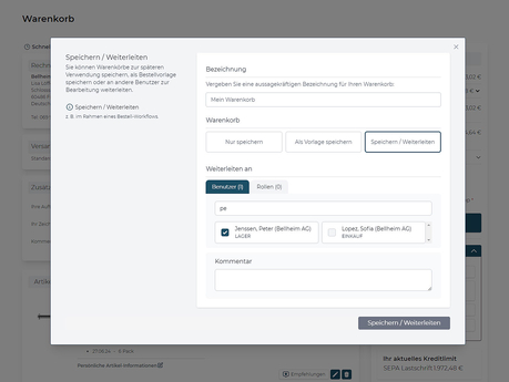 Weiterleitung eines Warenkorbs im Rahmen eines kundenindividuellen Workflow-Prozesses (Quelle: www.b2b-demoshop.de)
