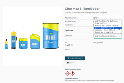 Unterschiedliche Gebindegrößen