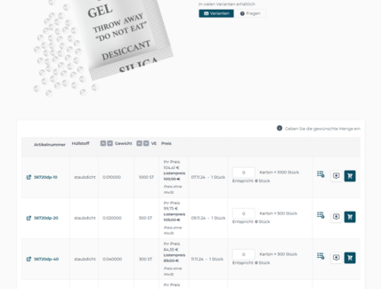 Übersichtliche Darstellung komplexer Produktvarianten im Webshop für Verpackungen powered by avanta