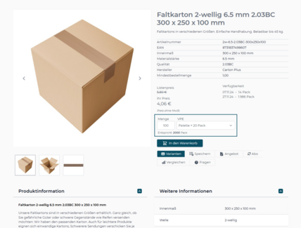 Darstellung von Verpackungseinheiten im Webshop für Verpackungen powered by avanta