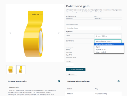 Konfigurierbare Artikel im Webshop für Verpackungen powered by avanta