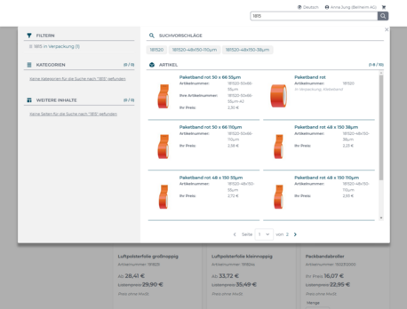 Produktsuche im Webshop für Verpackungen powered by avanta