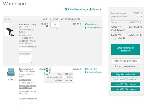 Darstellung von individuellen Konditionen im Warenkorb