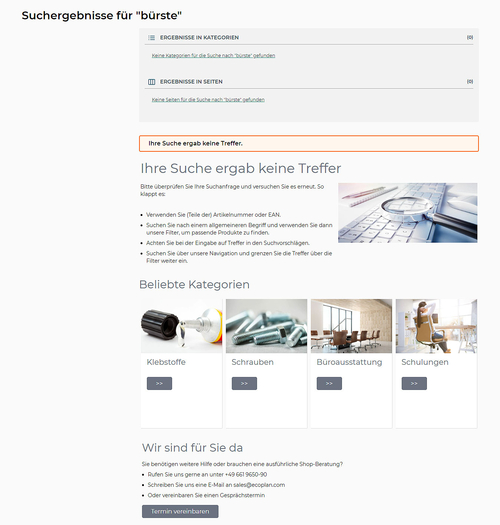 avanta Suchfunktion mit Darstellungsoptionen für Null Trefferlisten