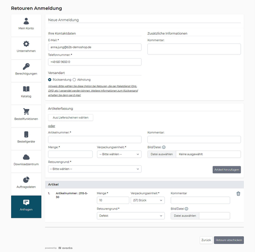 avanta Modul "Retouren-Anmeldung"