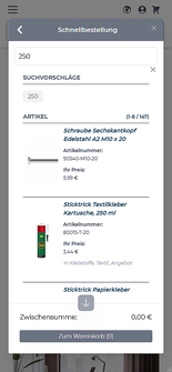 Schnellbestellung mobile Darstellung Tab "Schnellbestellung"
