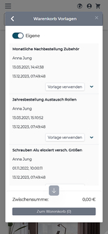 Schnellbestellung mobile Darstellung Tab "Warenkorb Vorlagen"