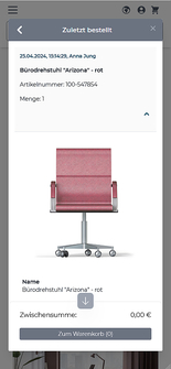 Schnellbestellung mobile Darstellung Tab "Zuletzt bestellt"