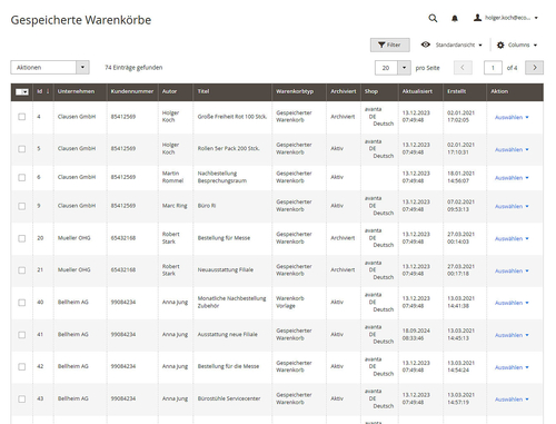 Backend Grid "Gespeicherte Warenkörbe"