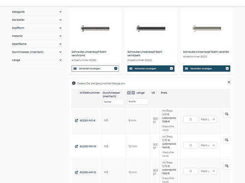 Anzeige Variantentabelle in Trefferliste