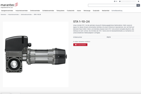 Artikeldetailseite im marantec B2B Kundenportal / Webshop