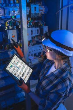 Female electrician points at breakers and reads a tablet schematic. Digital twin.